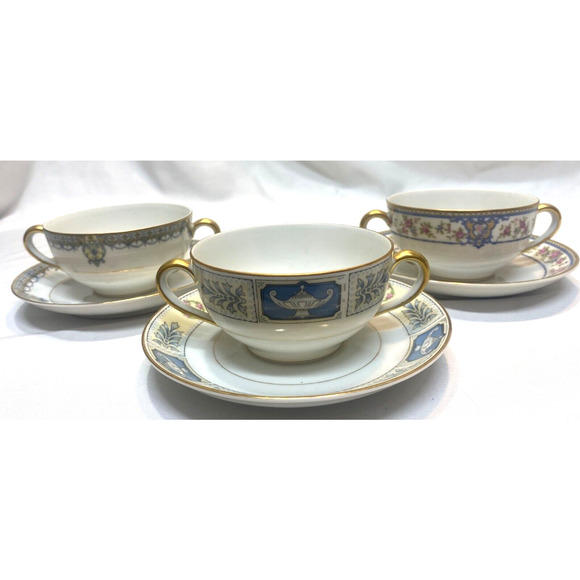 Noritake Double Handle Cream Soup Cups w Saucers - Picture 1 of 14
